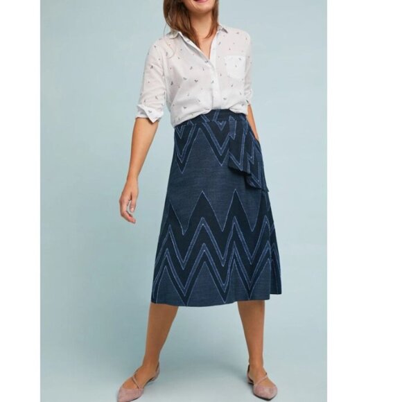 Anthropologie Skirt Womens 0 Blue A-Line Midi Cotton Linen Chevron Eva Franco - Picture 5 of 6